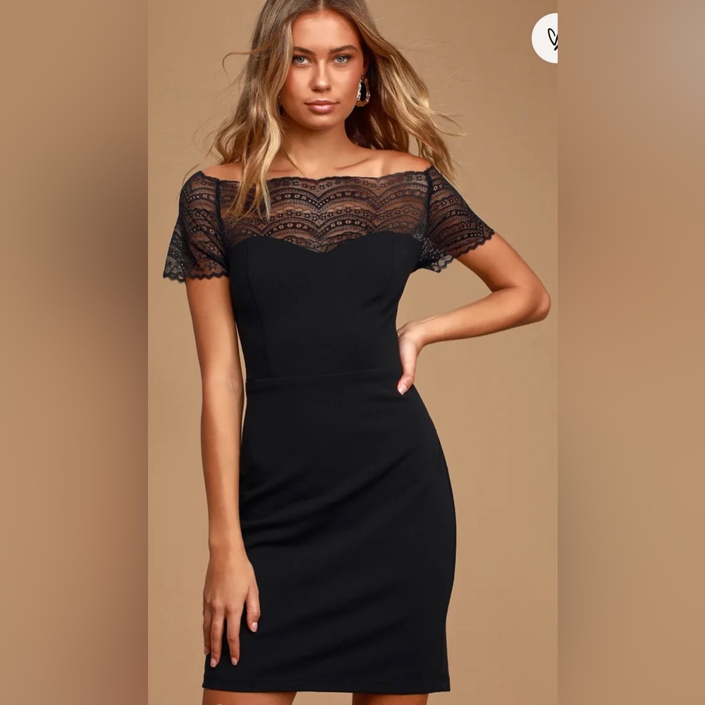 (M) WORN ONCE: Lulu’s Simply Perfect Black Lace Off-the-Shoulder Bodycon Dress